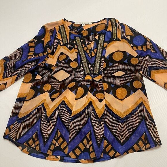 Collective Concepts Beaded Flowy Top Blouse Womens Small Blue Purple Tan Gold - Picture 7 of 10